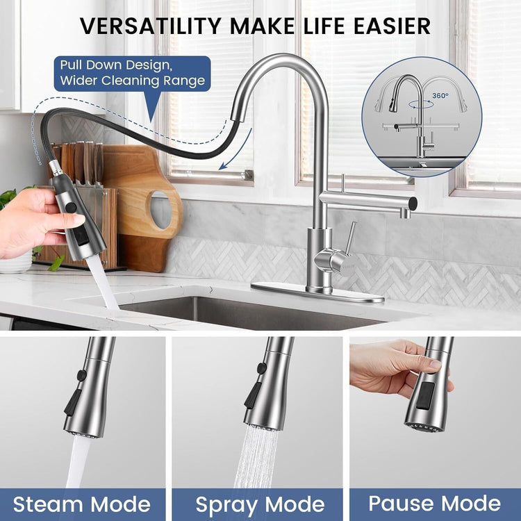 Filter Water Kitchen Faucet with Pull down Sprayer, Brushed Nickel Stainless