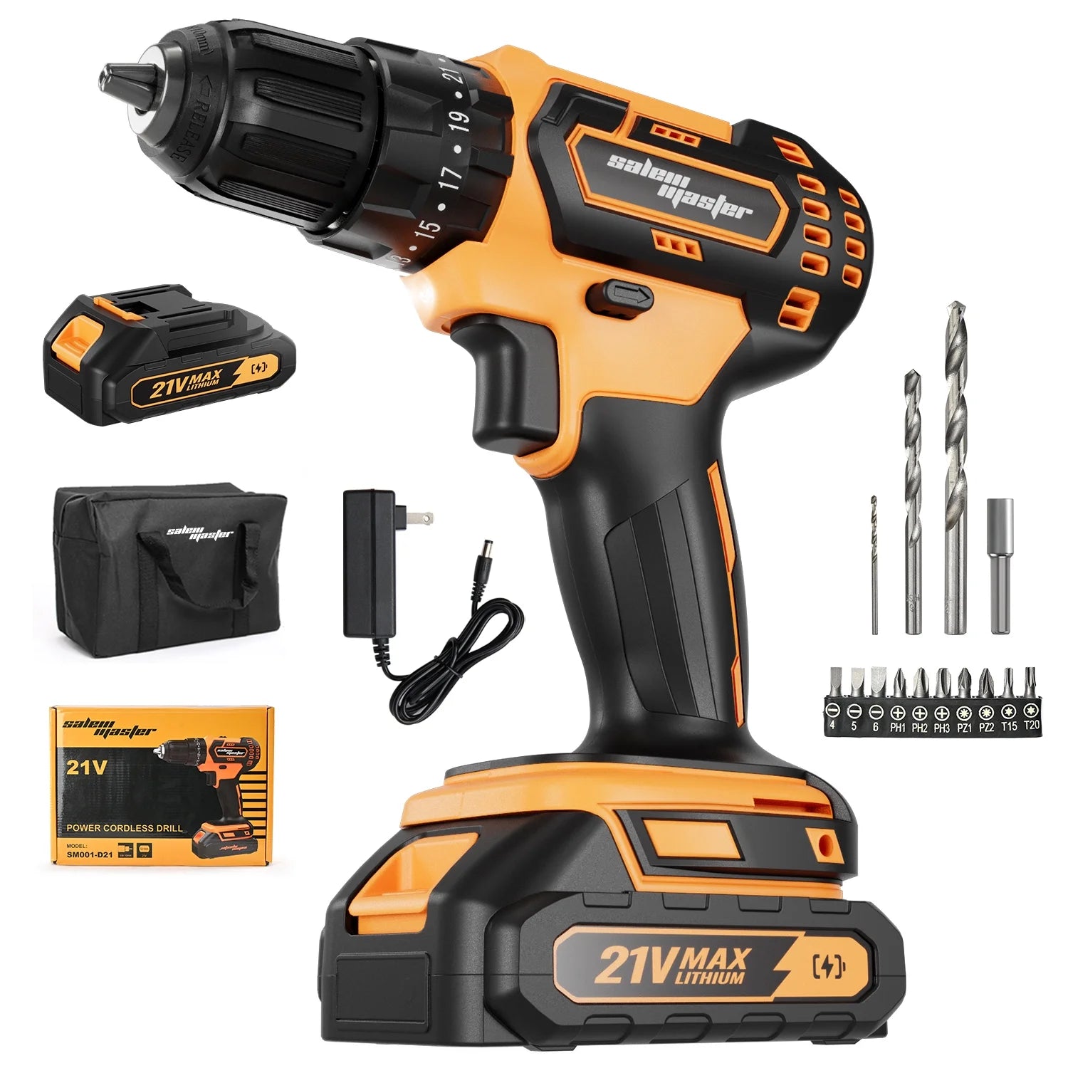 21V 3/8'' Cordless Power Drill for Wall/Brick/Wood/Metal 2 Batteries