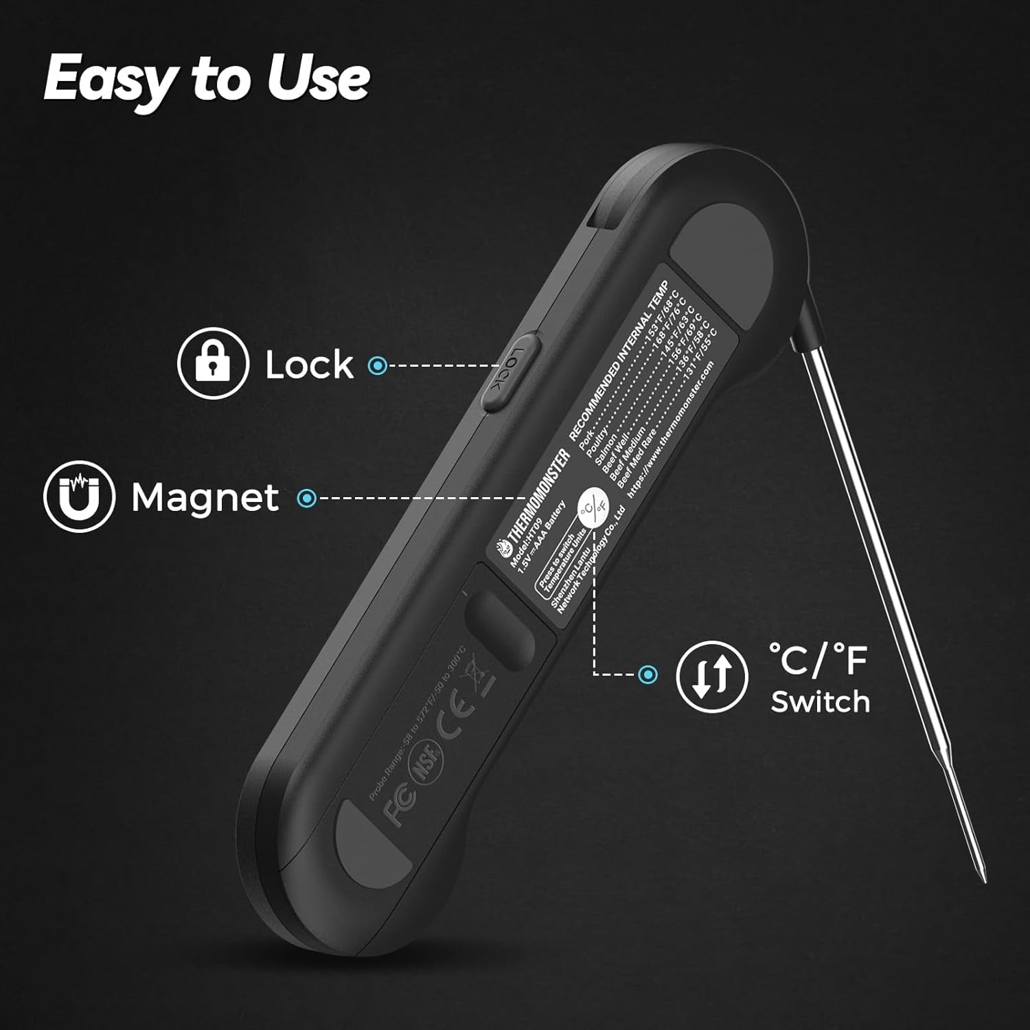 Instant Read Meat Thermometer Digital 0.5 Sec ±0.5℉ Waterproof BBQ Grill