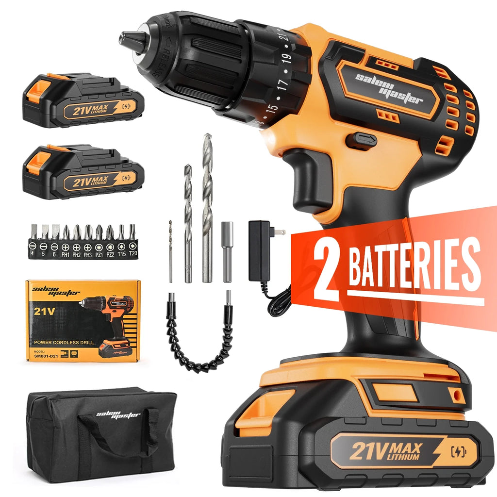 21V 3/8'' Cordless Power Drill for Wall/Brick/Wood/Metal 2 Batteries