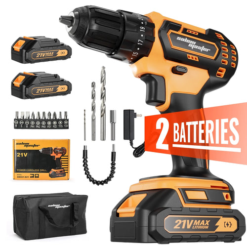 21V 3/8'' Cordless Power Drill for Wall/Brick/Wood/Metal 2 Batteries