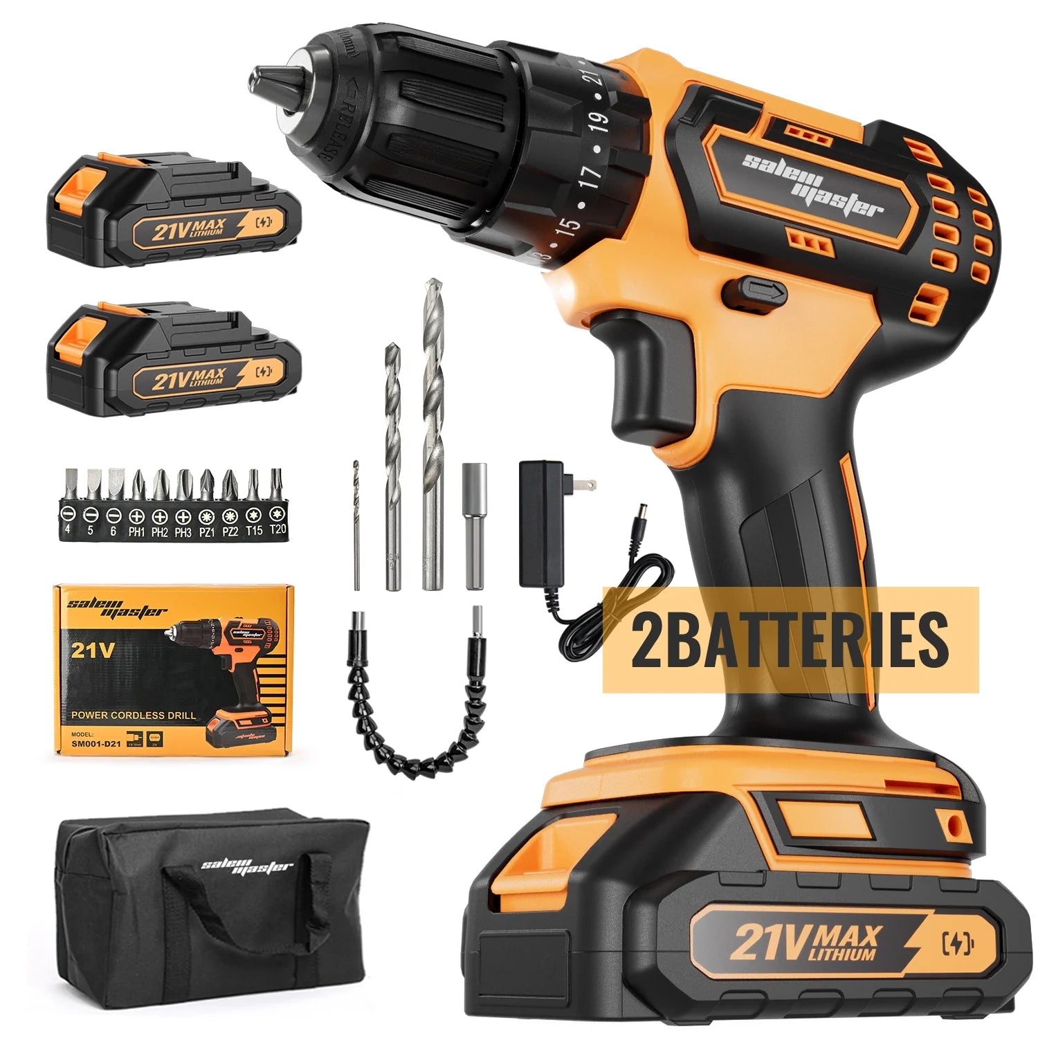 21V 3/8'' Cordless Power Drill for Wall/Brick/Wood/Metal 2 Batteries
