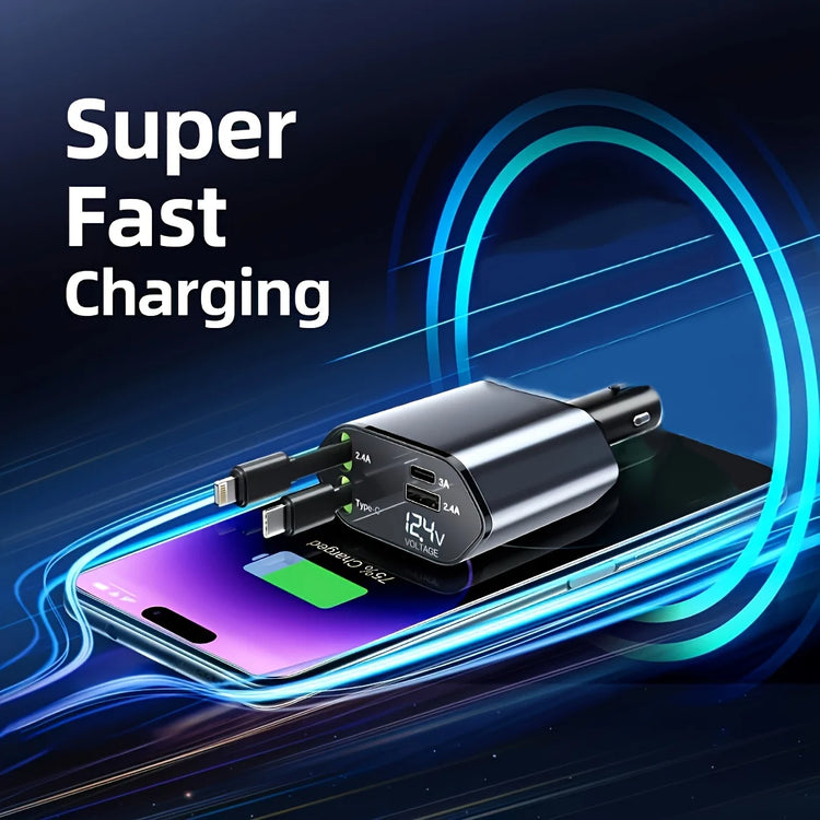 Retractable Car Charger 4In1 Fast Car Phone 16 Charger 120W USB Type C Cable Lot