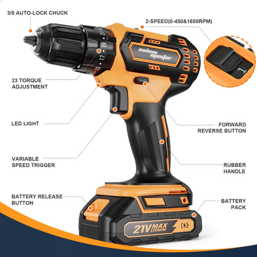 21V 3/8'' Cordless Power Drill for Wall/Brick/Wood/Metal 2 Batteries