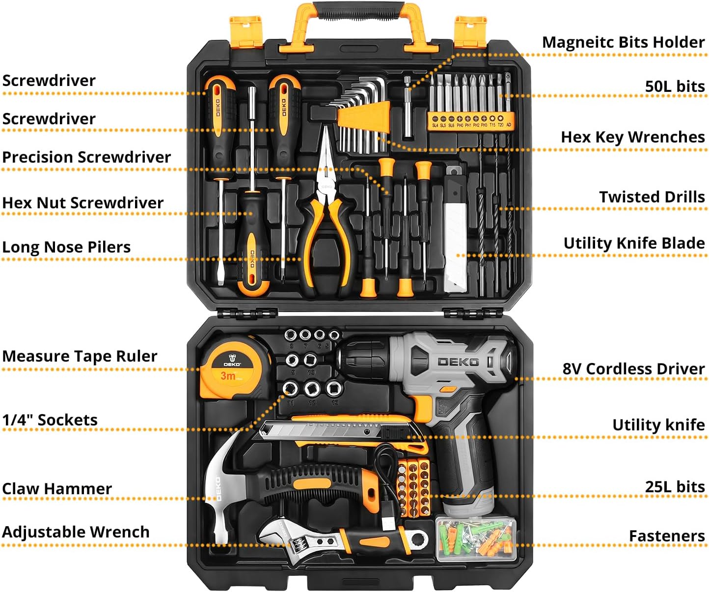 Tool Set：Tool Kit with 8V Cordless Drill,Tool Box with Drill,Hand Drill Set for Men & Women,Home Tool Kits for House Repair,Handyman,Diy 126 Piece