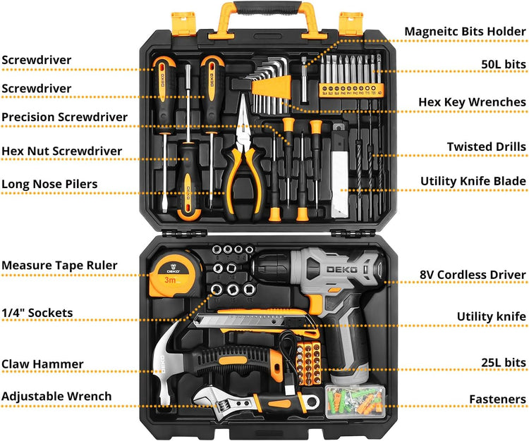 Tool Set：Tool Kit with 8V Cordless Drill,Tool Box with Drill,Hand Drill Set for Men & Women,Home Tool Kits for House Repair,Handyman,Diy 126 Piece
