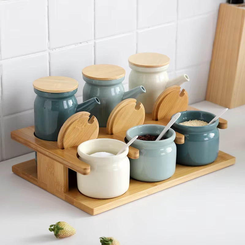 Ceramic Spice Rack Salt Shaker and Pepper Shaker Oil Bottle Set Kitchen Household Supplies for Spices Storage Jar with Cover