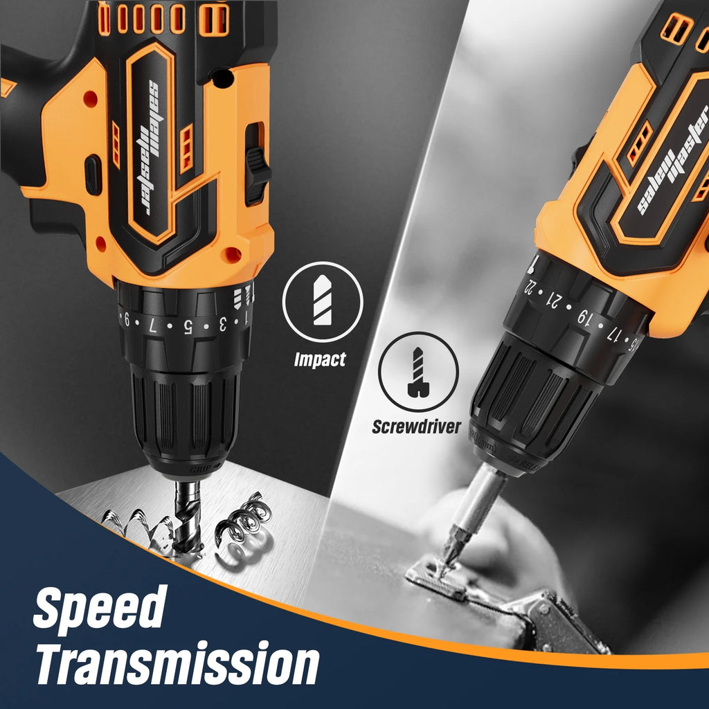 21V 3/8'' Cordless Power Drill for Wall/Brick/Wood/Metal 2 Batteries
