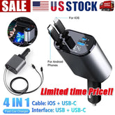 Retractable Car Charger 4In1 Fast Car Phone 16 Charger 120W USB Type C Cable Lot