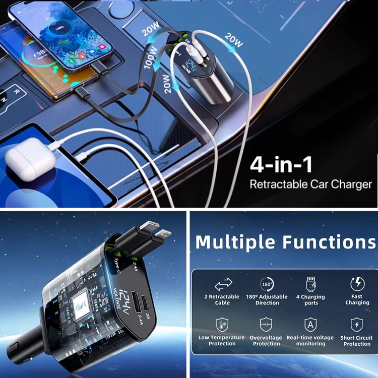 Retractable Car Charger 4In1 Fast Car Phone 16 Charger 120W USB Type C Cable Lot