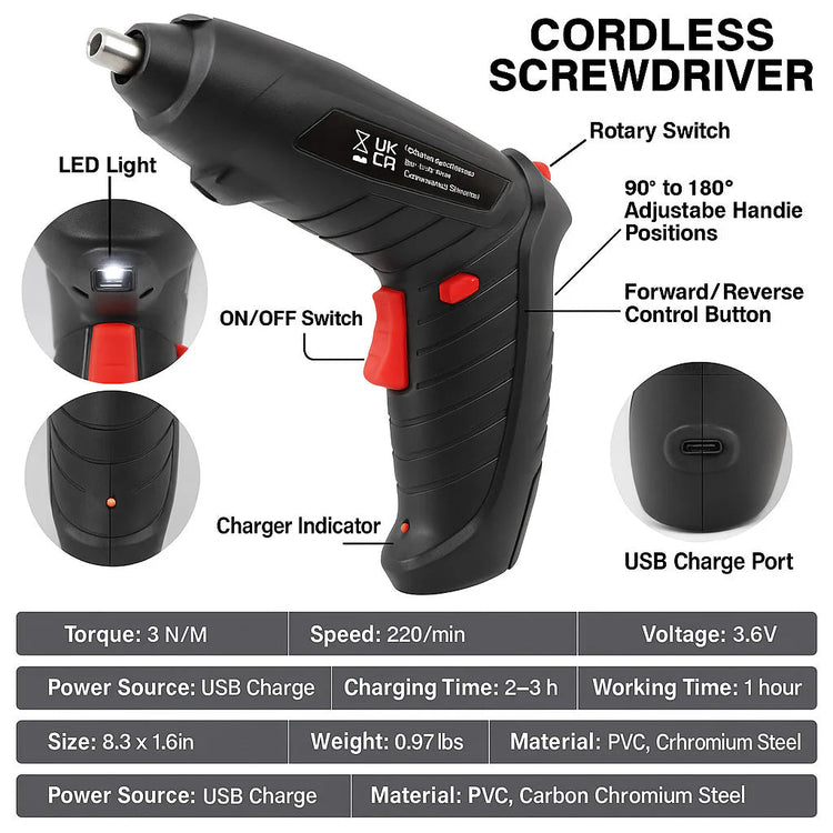 3.6V Cordless Electric Screwdriver Set USB Charging 3Nm Screw Gun with LED Light