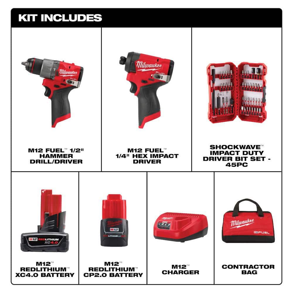 M12 FUEL 12-Volt Lithium-Ion Brushless Cordless Hammer Drill & Impact Driver Combo Kit (2-Tool) with Bit Set (45-Piece)